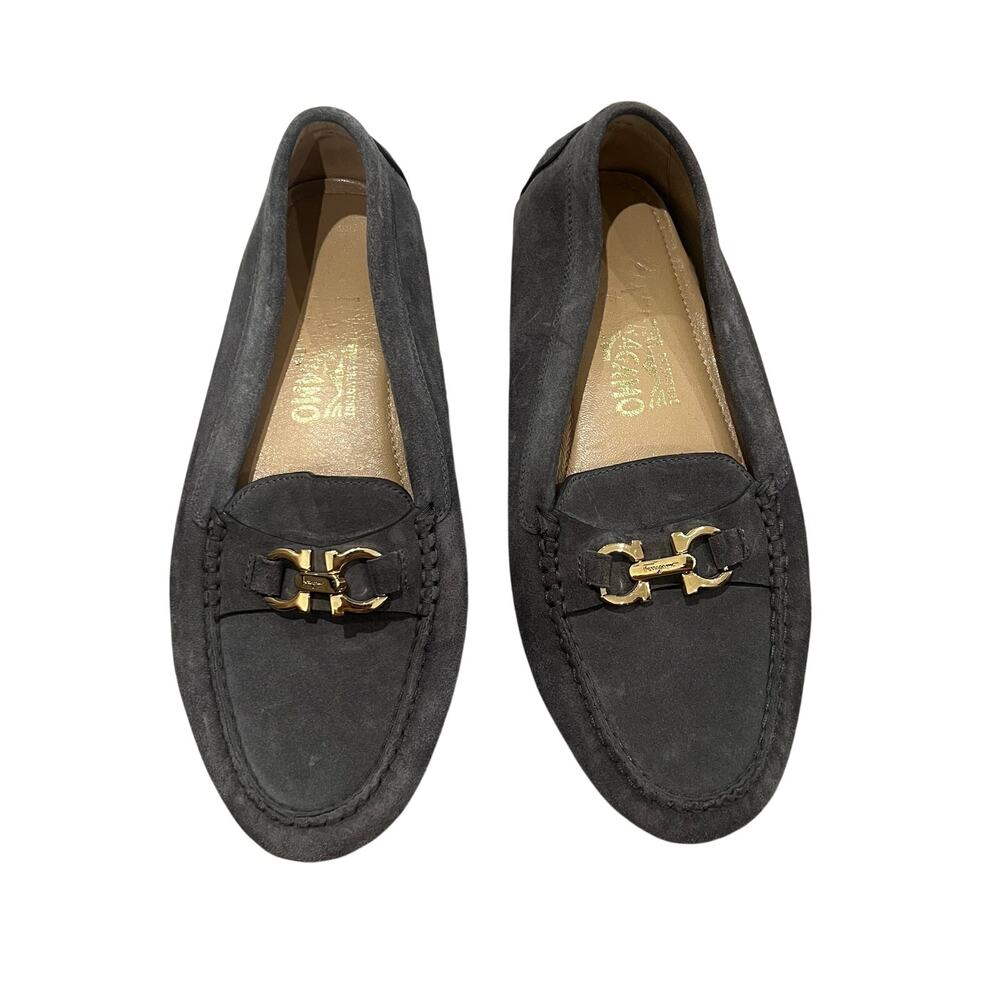 Salvatore Ferragamo Gray and Gold Suede Saba Horsebit Loafer Size 7